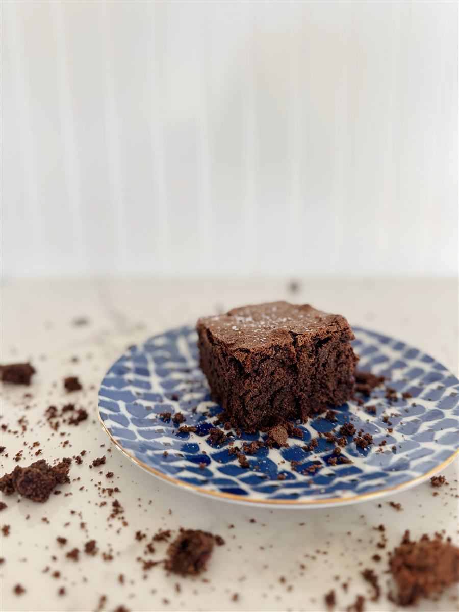 Salted brownie square on a plate
