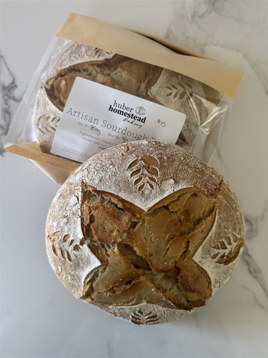 Huber Homestead Bakery packaged artisan sourdough loaf
